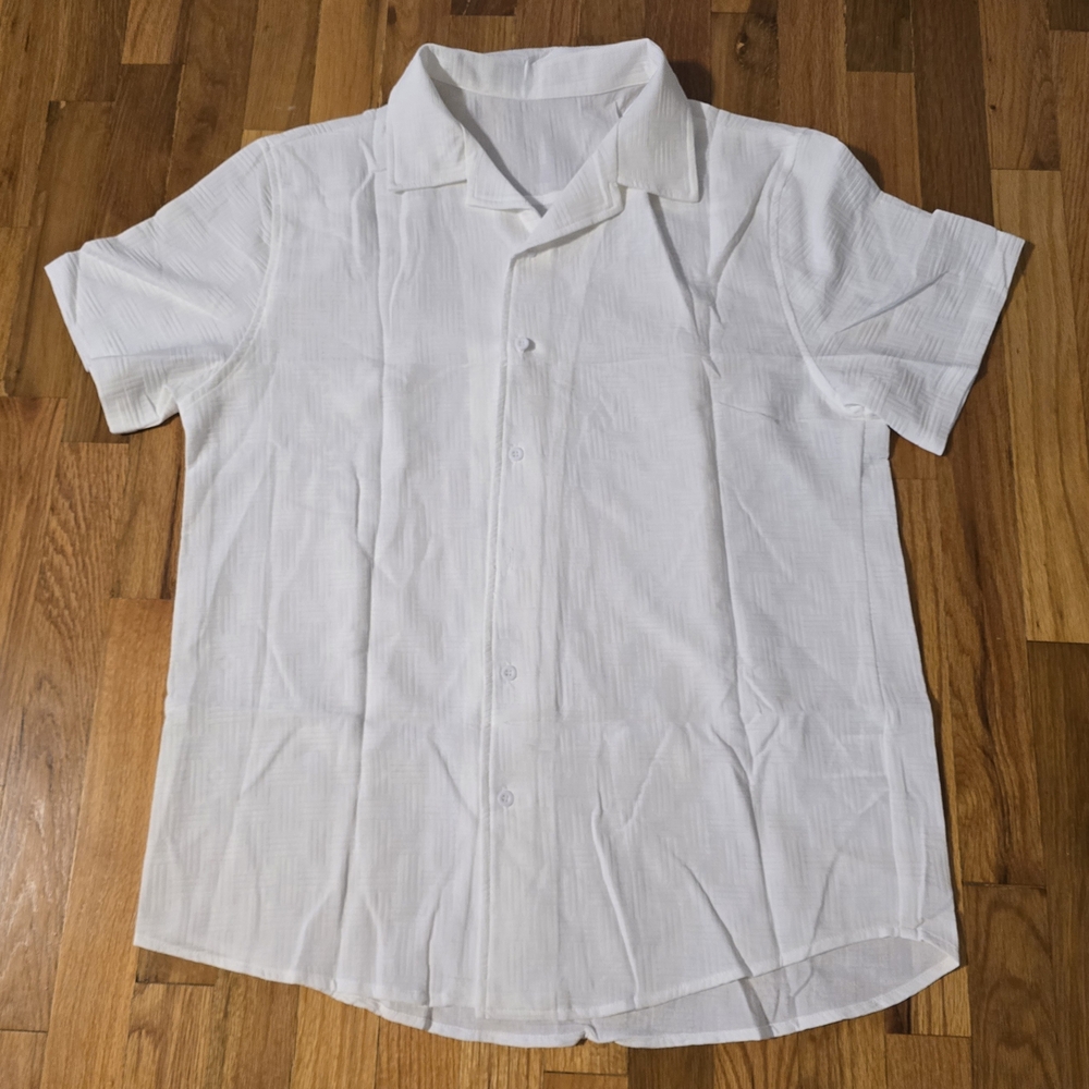 Runcati Men's Button Down Shirt, Short Sleeve White, Large Stretchy, Lightweight - Picture 3 of 10